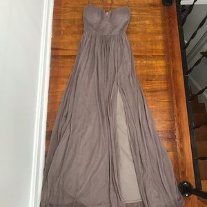 Azazie A-Line Corset Mesh Floor-Length Dress with front slit | Taupe | Worn once